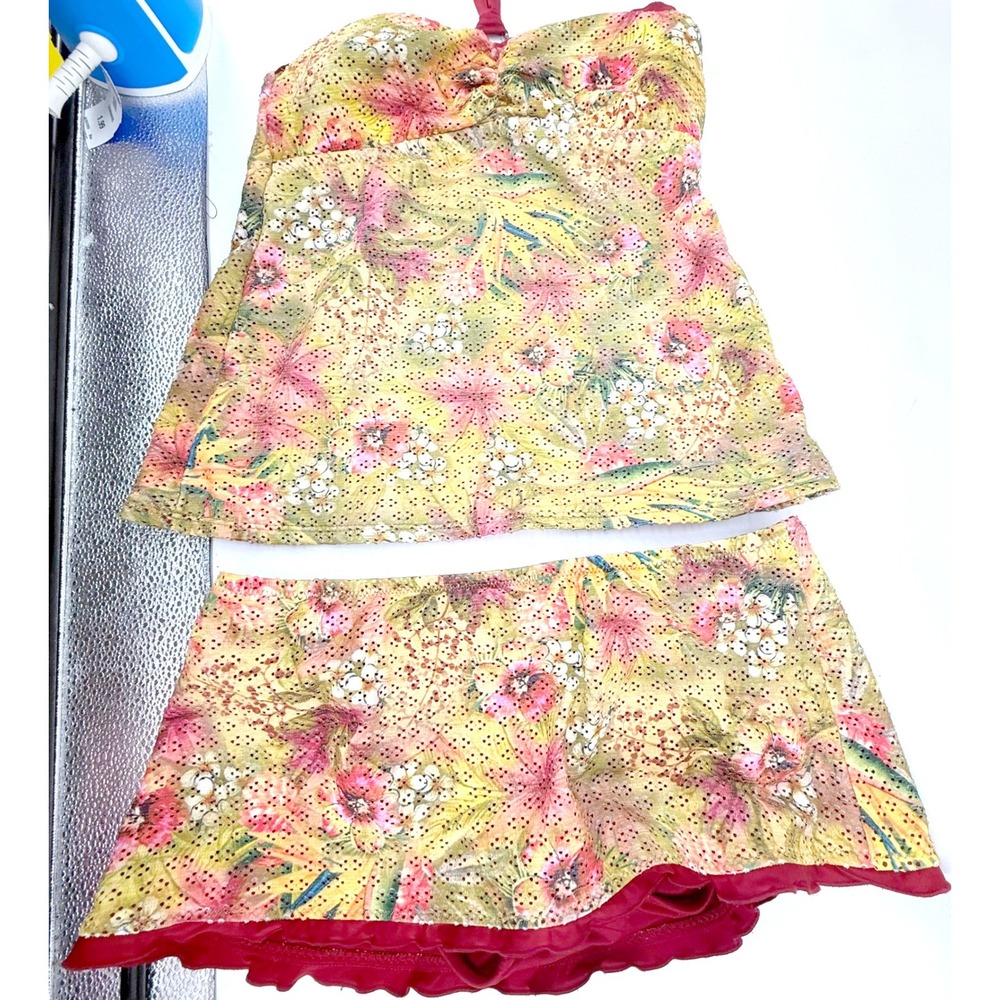 Becca by Rebecca Virtue Tankini Swim Skirt Set Womens M Red Floral 2 Pc Beach